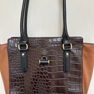 Tignanello Croc Embossed Two Tone Black and Tan Leather Bag  NWOT